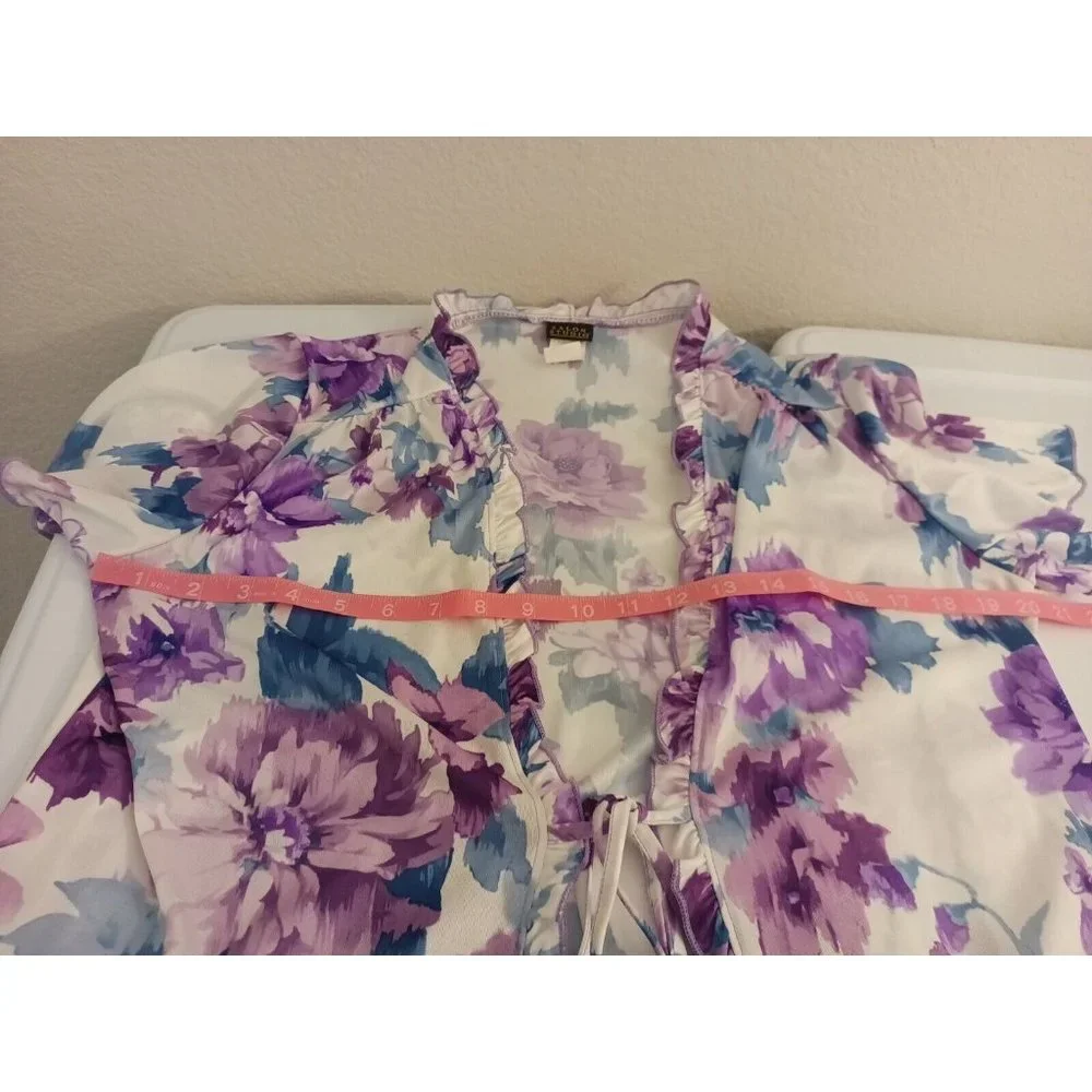Women's Salon Studio Floral Purple/Blue Tie Front Lightweight Cardigan Sz Medium